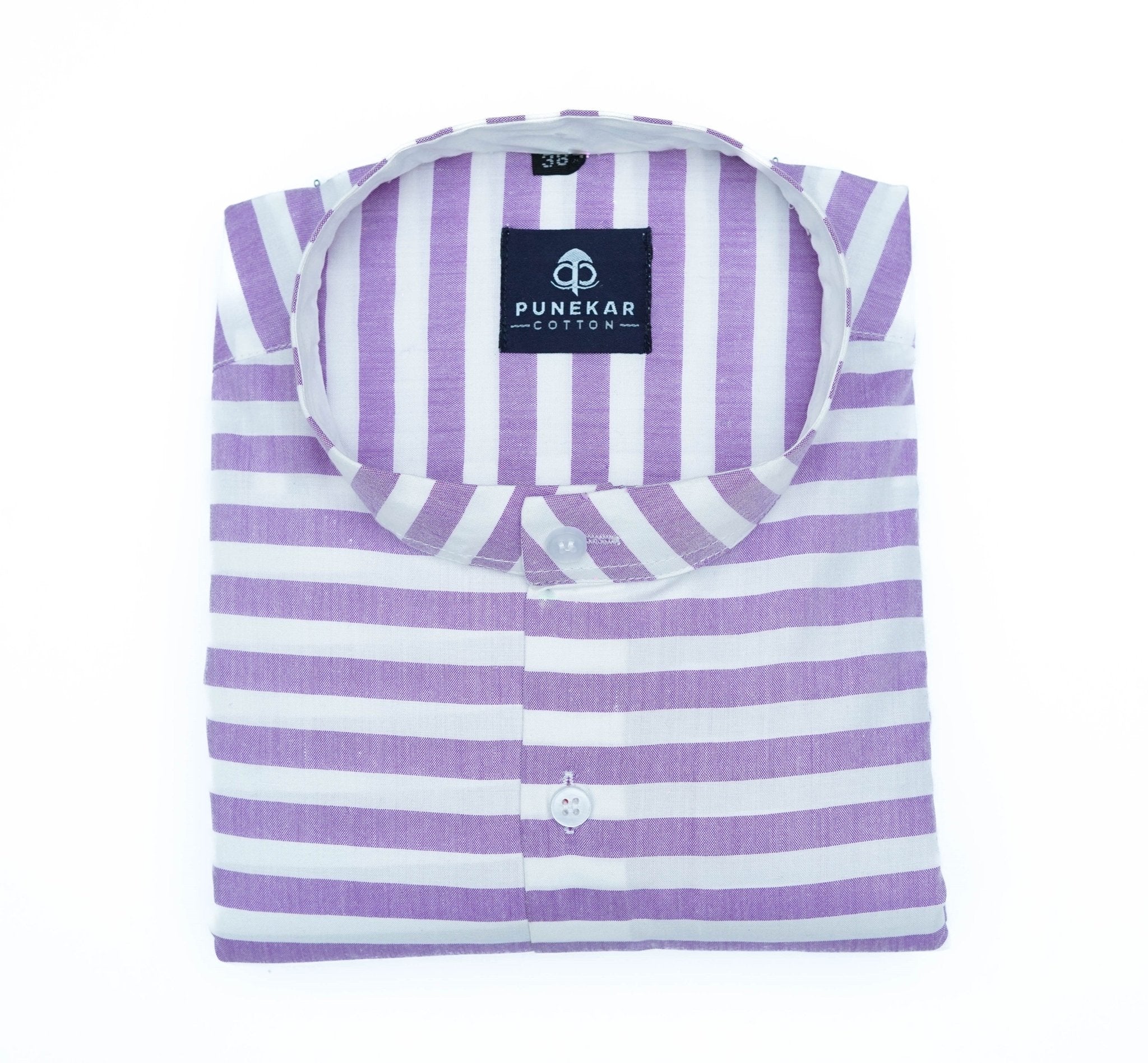 Purple Color Stand Collar Strips Shirts For Men - Punekar Cotton