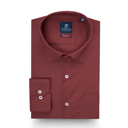 Brick Red Color Solid Cotton Linen Shirt For Men - Punekar Cotton