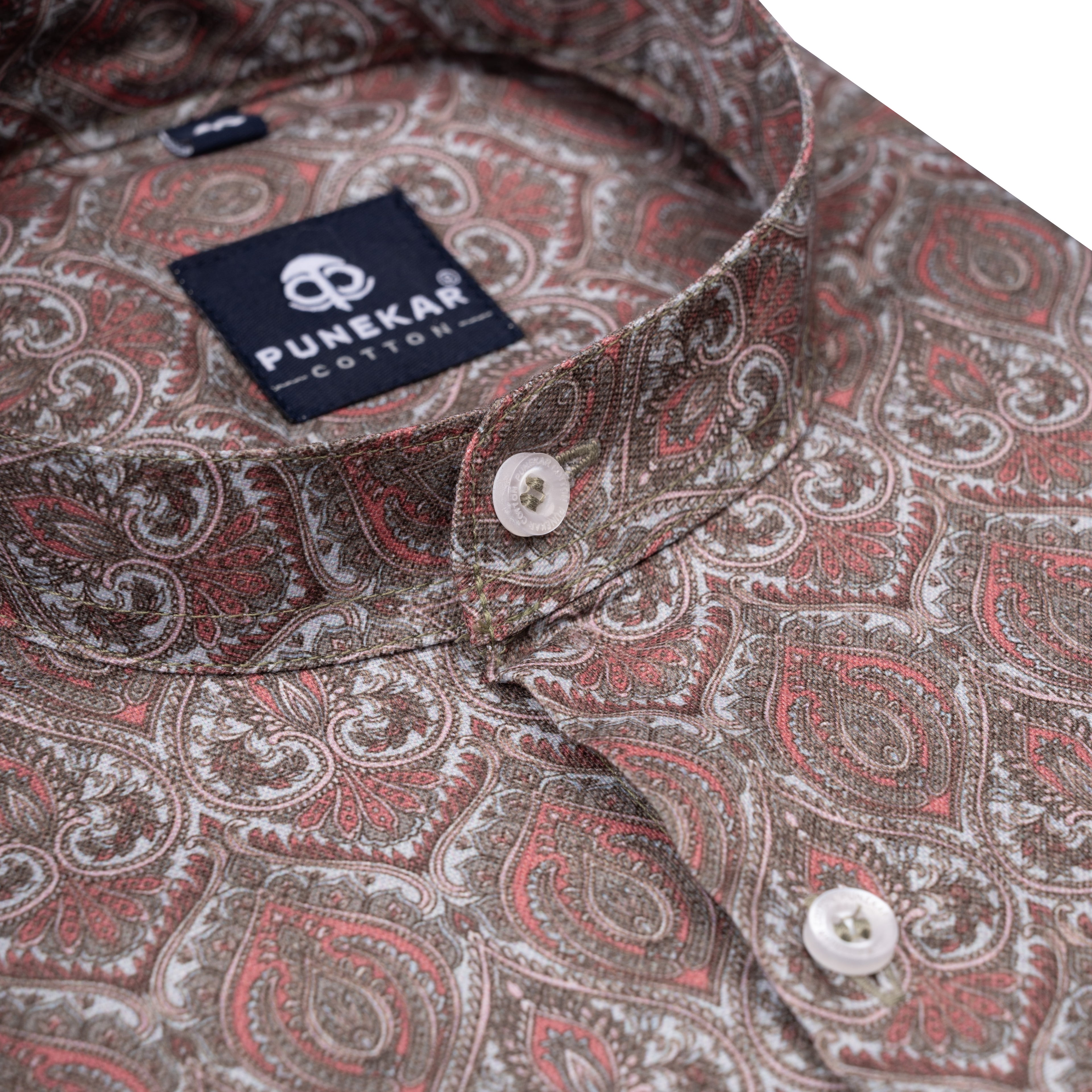 Light Copper Color Moroccan Stand Collar Printed Shirt For Men