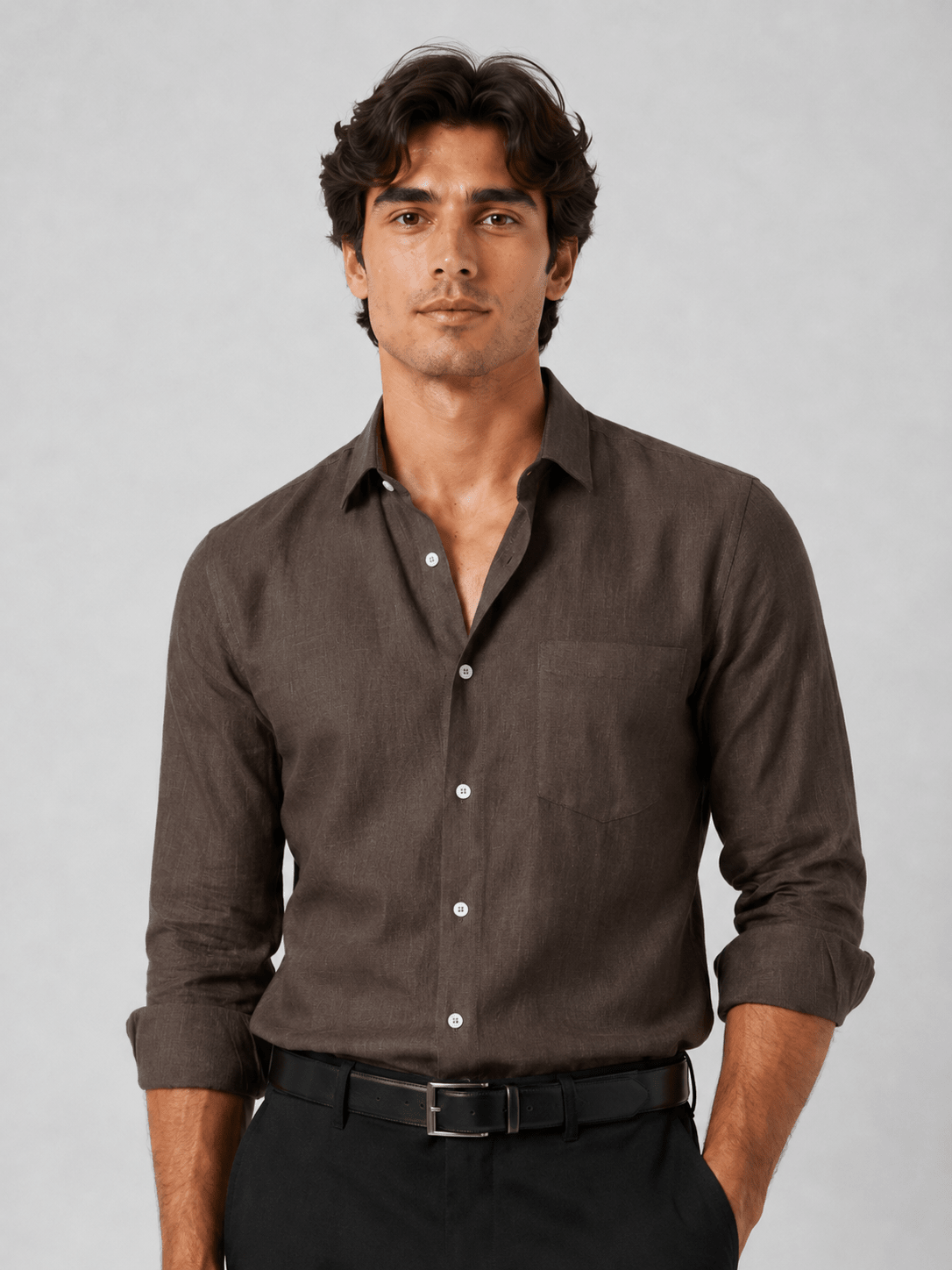 Dark Brown 60Lea Pure Linen Shirt For Men - Punekar Cotton