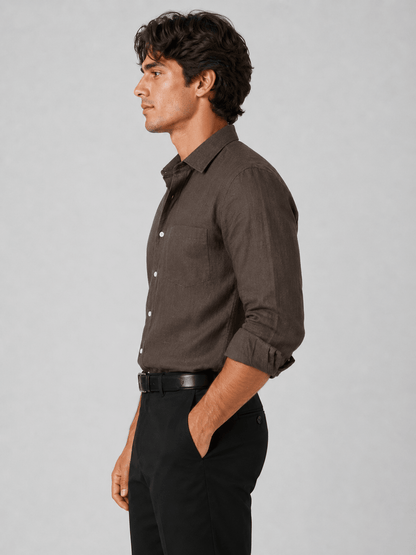 Dark Brown 60Lea Pure Linen Shirt For Men - Punekar Cotton