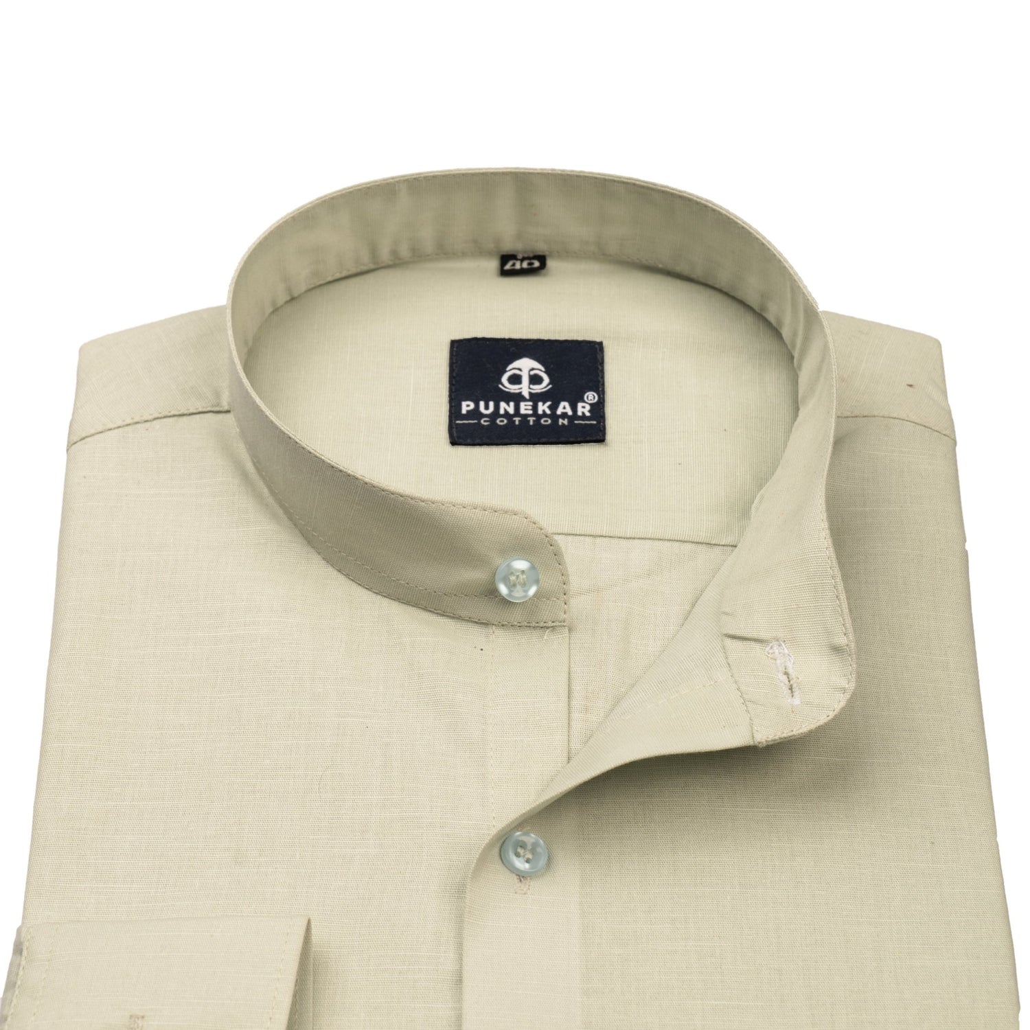 Ivory Color Band Collar Solid Shirt For Men - Punekar Cotton