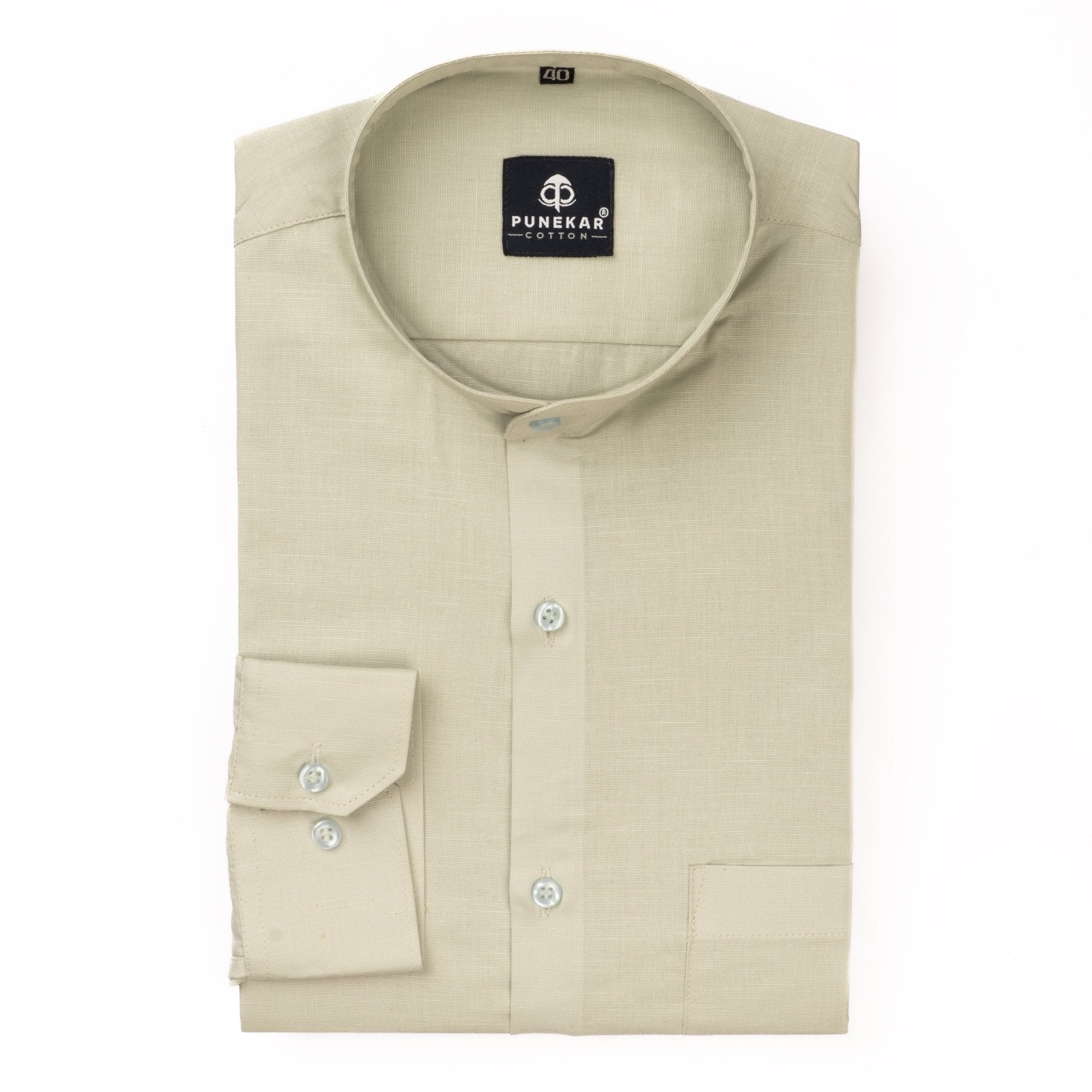 Ivory Color Band Collar Solid Shirt For Men - Punekar Cotton
