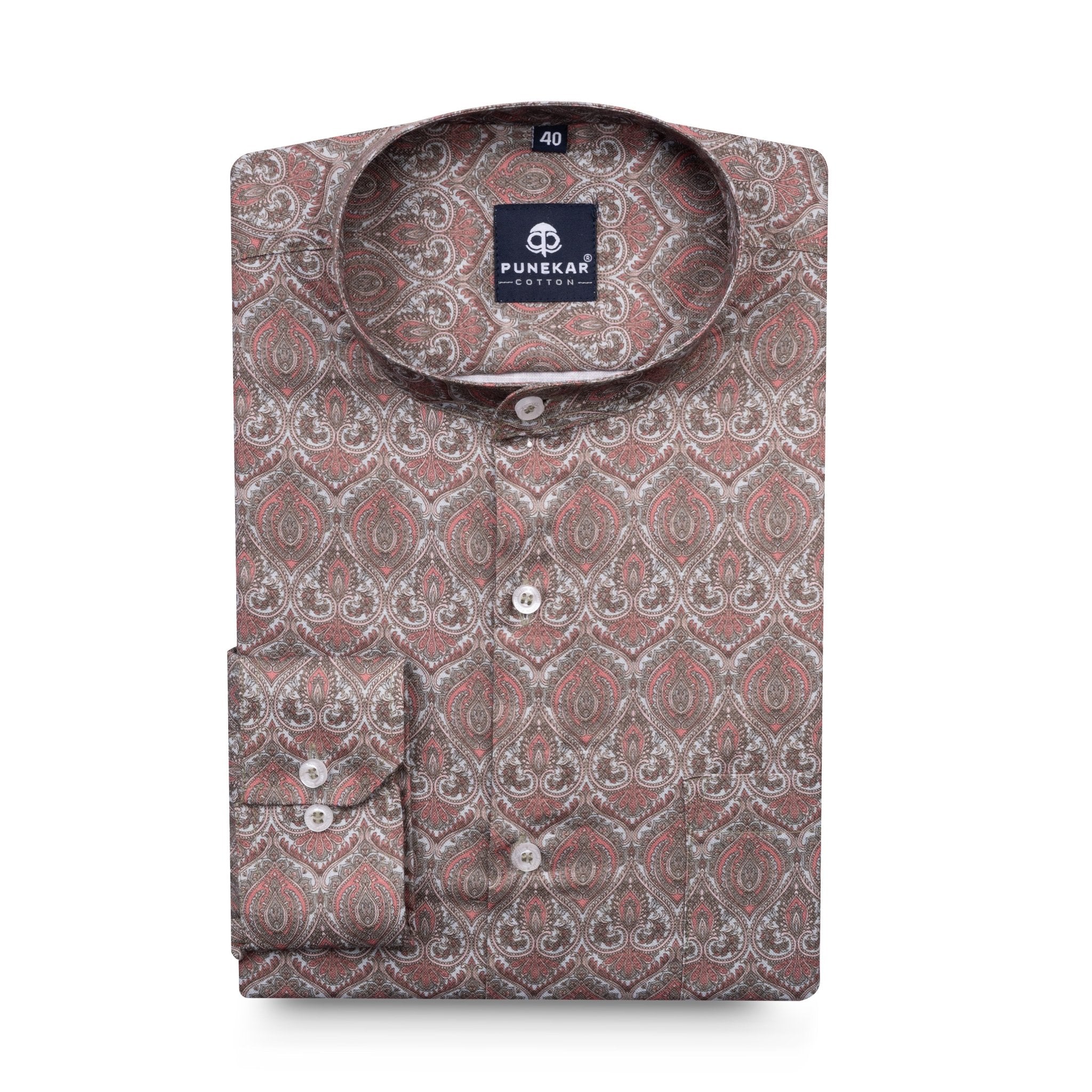 Light Copper Color Moroccan Stand Collar Printed Shirt For Men - Punekar Cotton