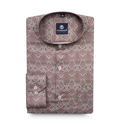 Light Copper Color Moroccan Stand Collar Printed Shirt For Men - Punekar Cotton