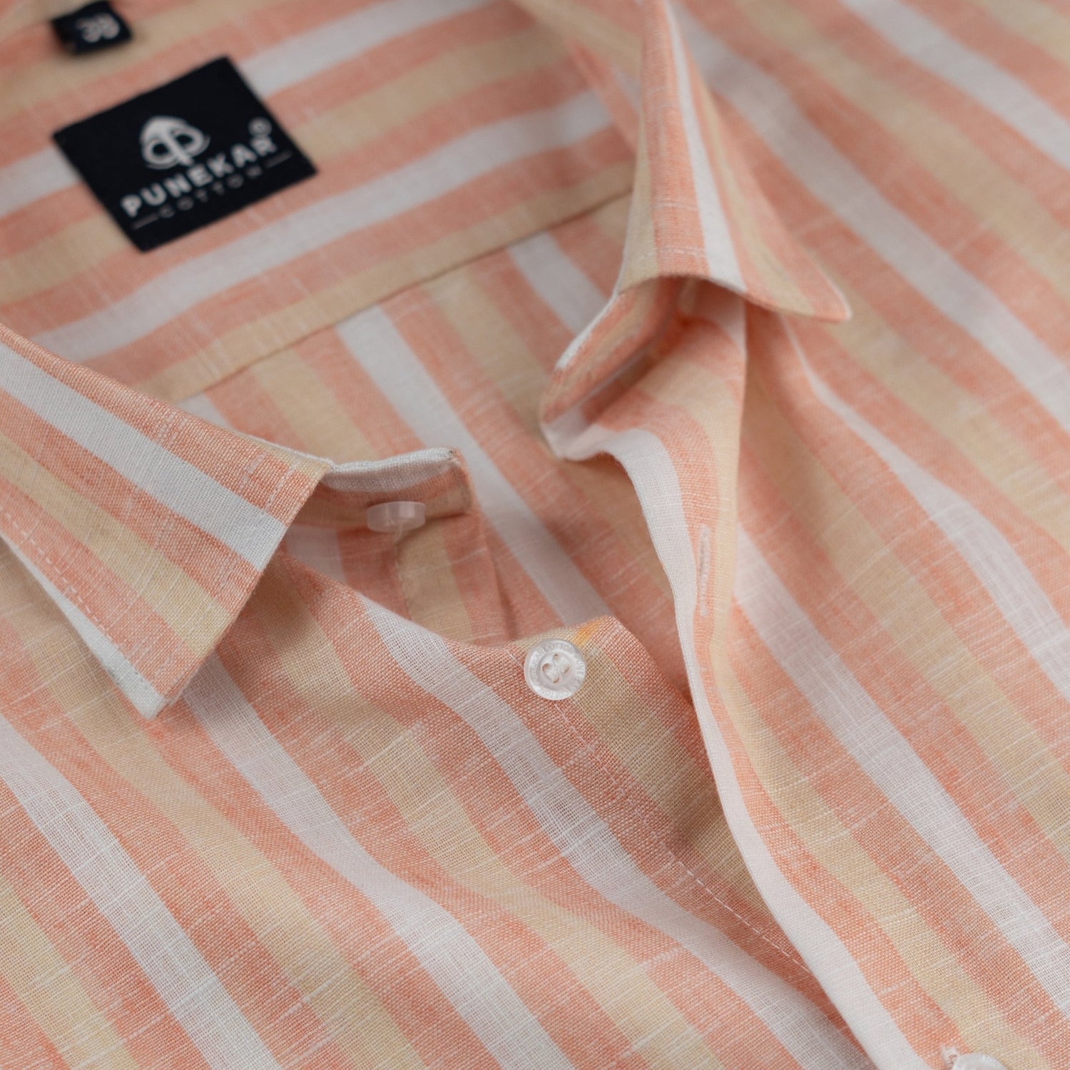 Peach Orange Color Vertical Cotton Stripe Shirt For Men - Punekar Cotton