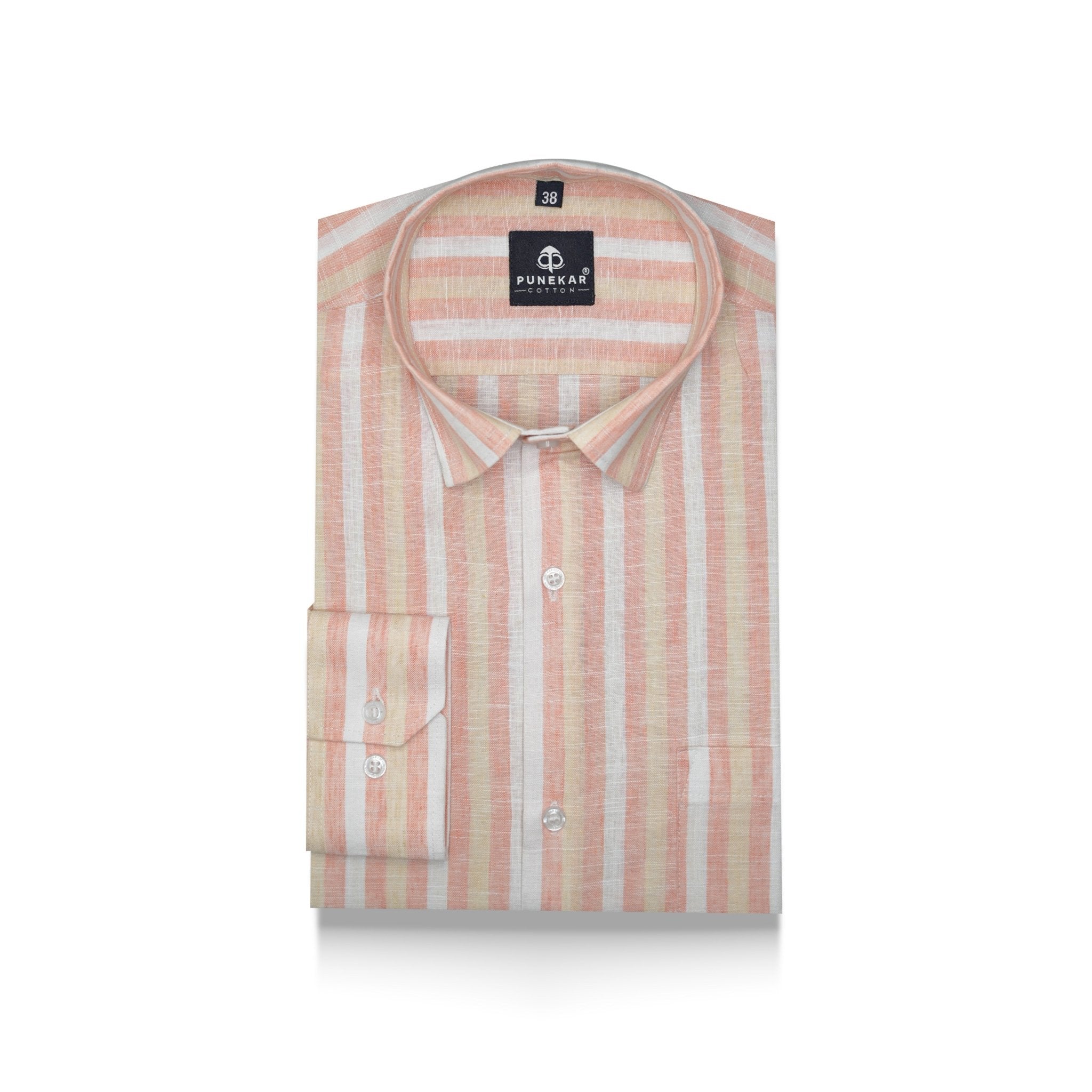 Peach Orange Color Vertical Cotton Stripe Shirt For Men - Punekar Cotton