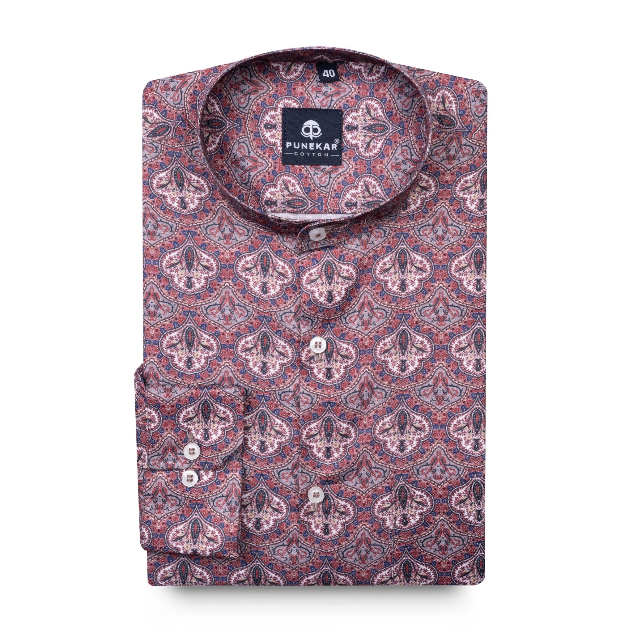 Rouge Color Moroccan Stand Collar Printed Shirt For Men - Punekar Cotton
