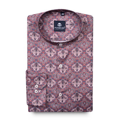 Rouge Color Moroccan Stand Collar Printed Shirt For Men - Punekar Cotton
