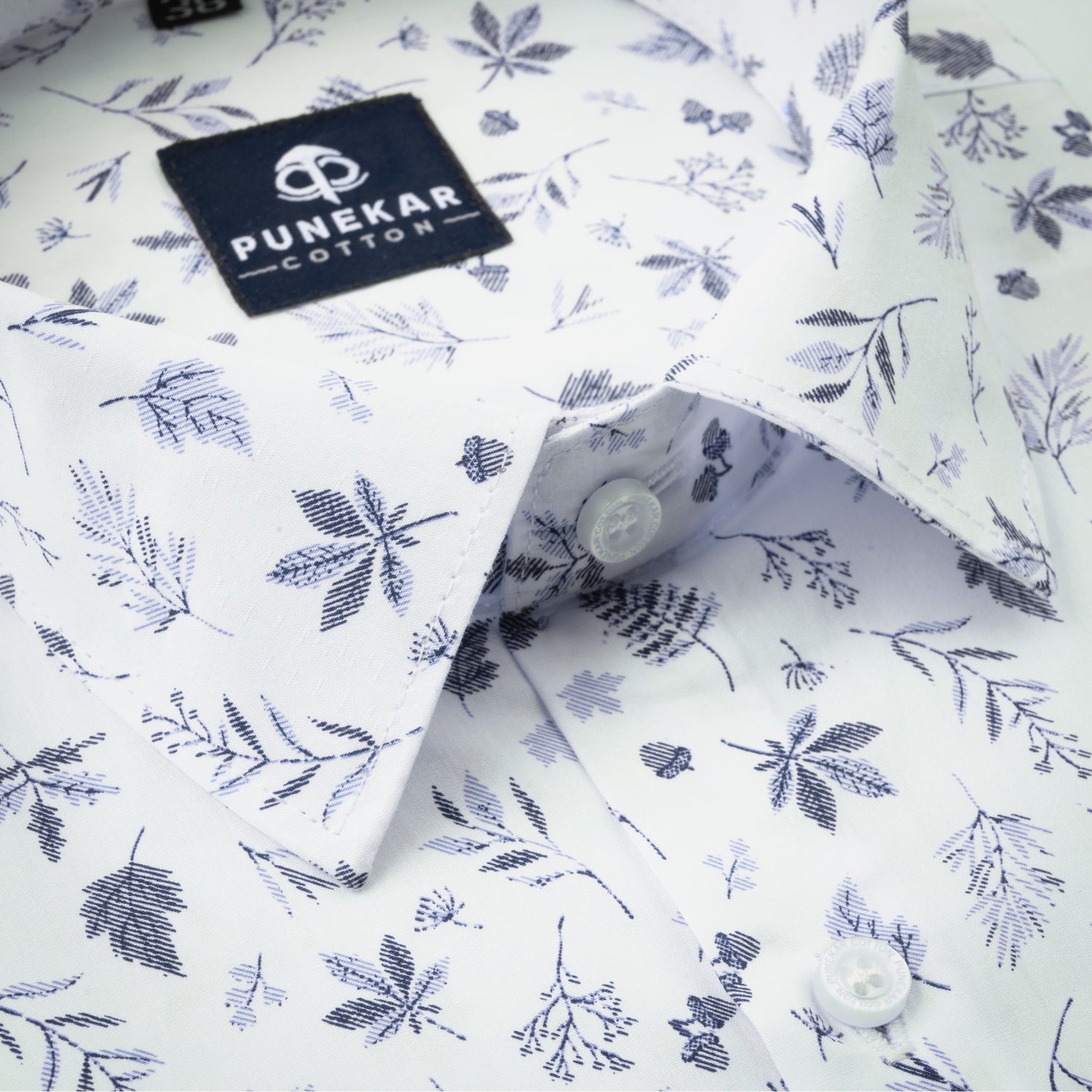 White Blue Color Floral Leaf printed Shirt For Men - Punekar Cotton