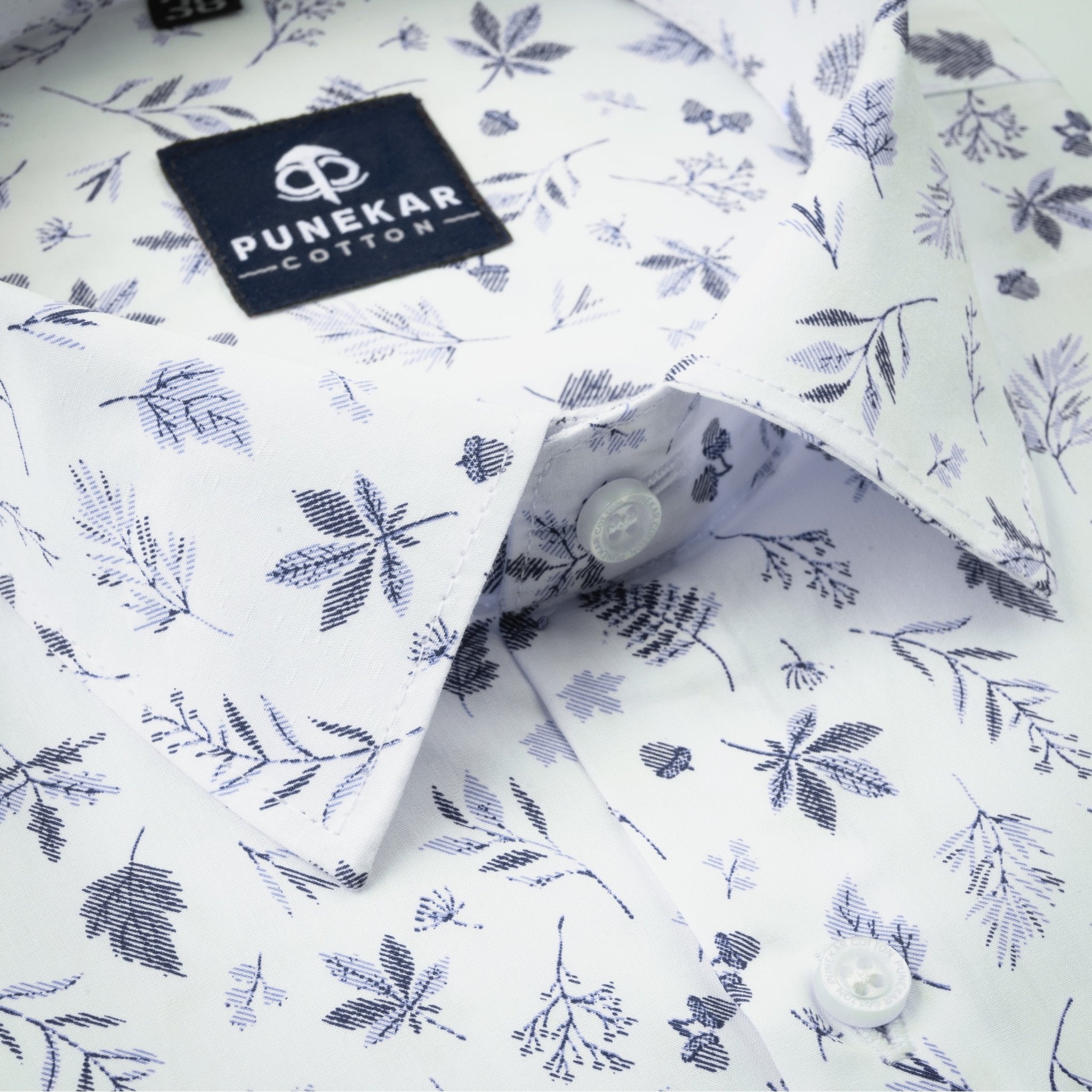 White Blue Color Floral Leaf printed Shirt For Men - Punekar Cotton