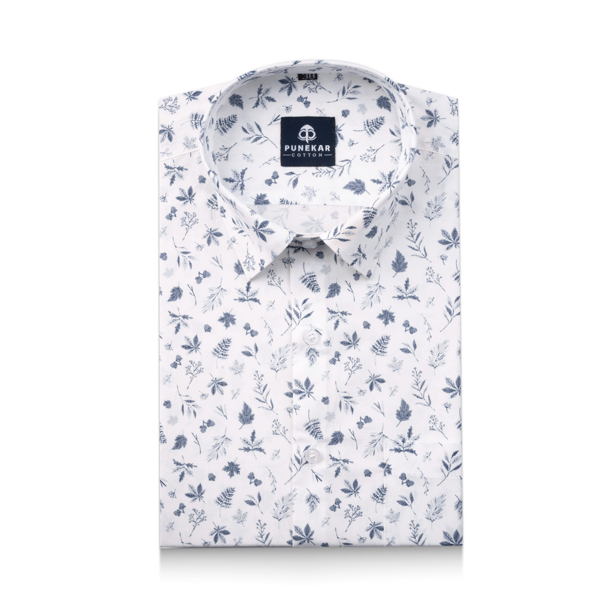White Blue Color Floral Leaf printed Shirt For Men - Punekar Cotton