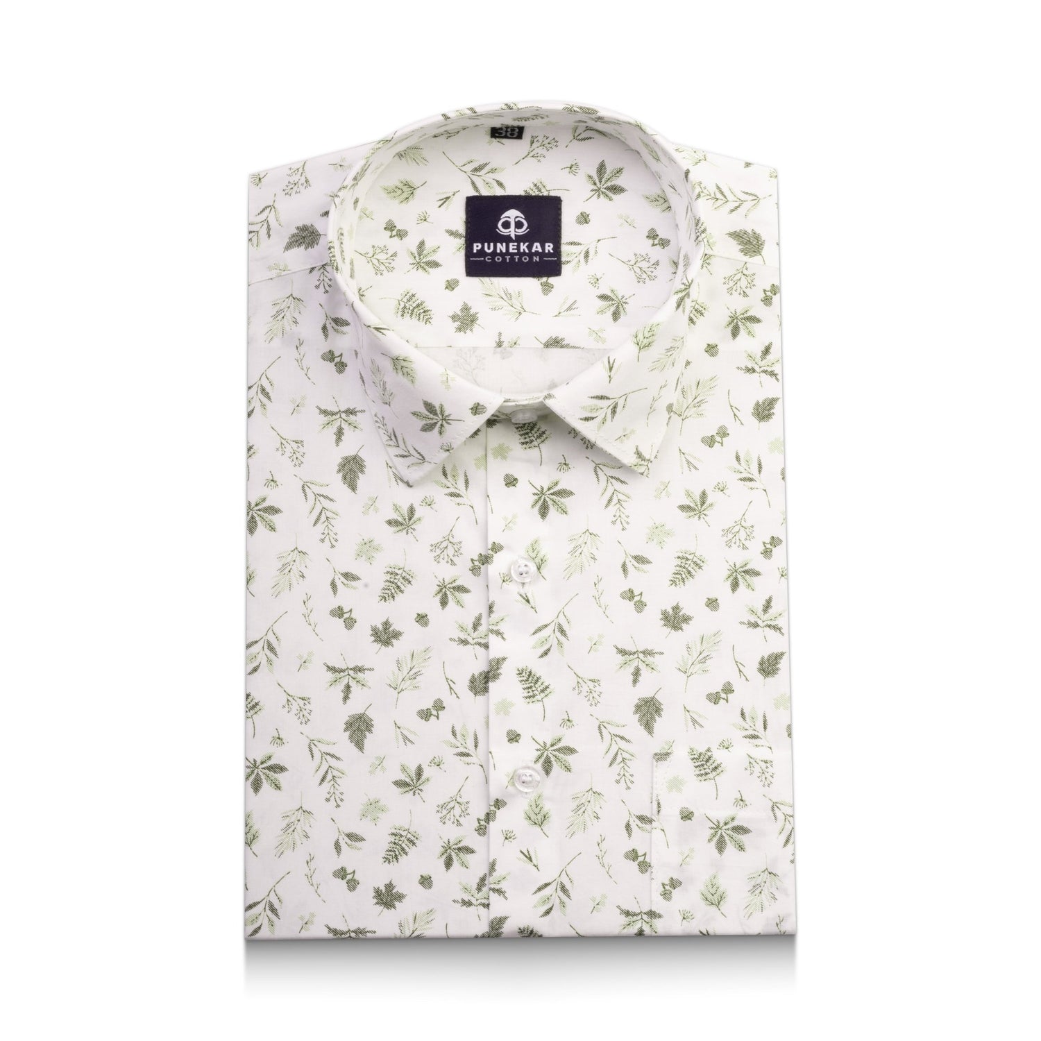 White Mehndi Color Floral Leaf printed Shirt For Men - Punekar Cotton