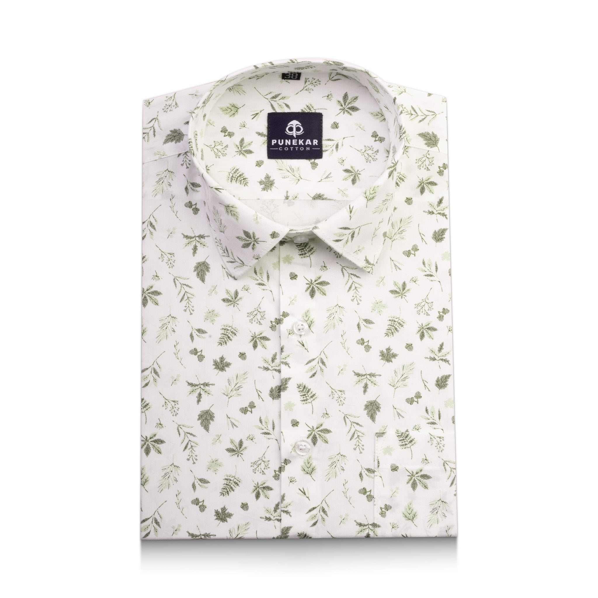 White Mehndi Color Floral Leaf printed Shirt For Men - Punekar Cotton