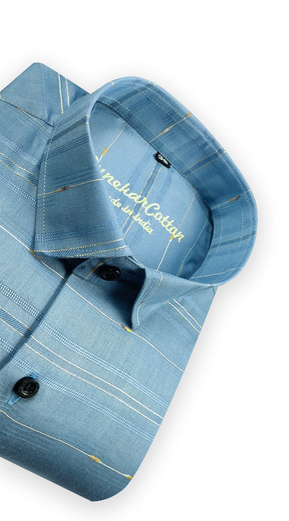 Blue Color Pure Cotton Panelled Butta Stripes Shirts For Men&
