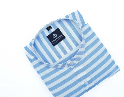 Blue Color Stand Collar Strips Shirts For Men - Punekar Cotton
