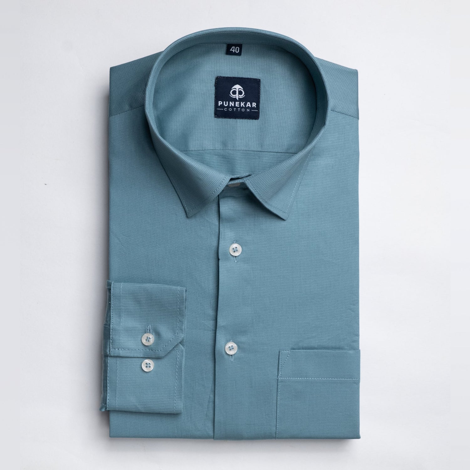 Peacock Blue Color Micro Checks Texture Satin Cotton Shirt For Men - Punekar Cotton