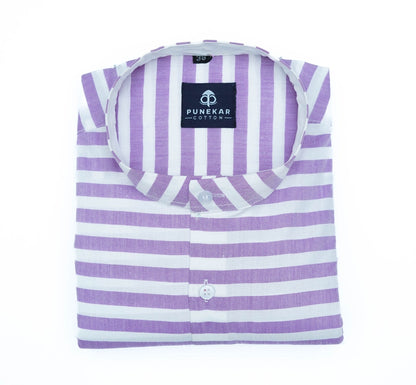 Purple Color Stand Collar Strips Shirts For Men - Punekar Cotton