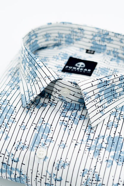 Sky Blue Color Floral Lining Printed Shirt For Men - Punekar Cotton