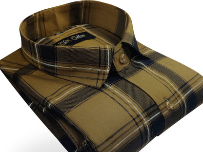 Tan Khaki Color Pure Cotton Casual Checked Shirt For Men - Punekar Cotton