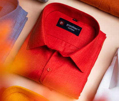 Tomato Red Color Blende Linen Shirt For Men&
