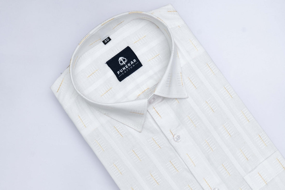White Color Embroidery Pure Cotton Shirt For Men - Punekar Cotton