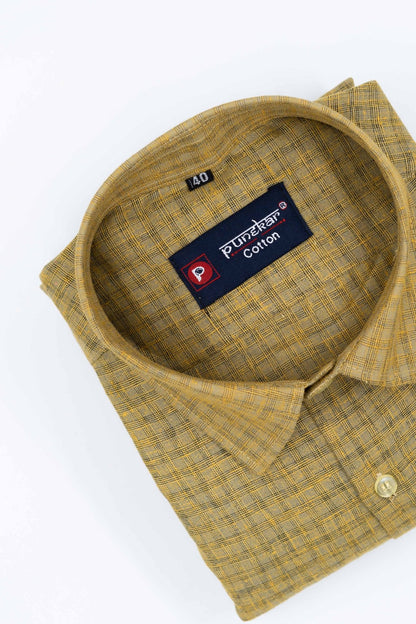 Yellow Color Cotton Self Woven Checks Handmade Shirts For Men&