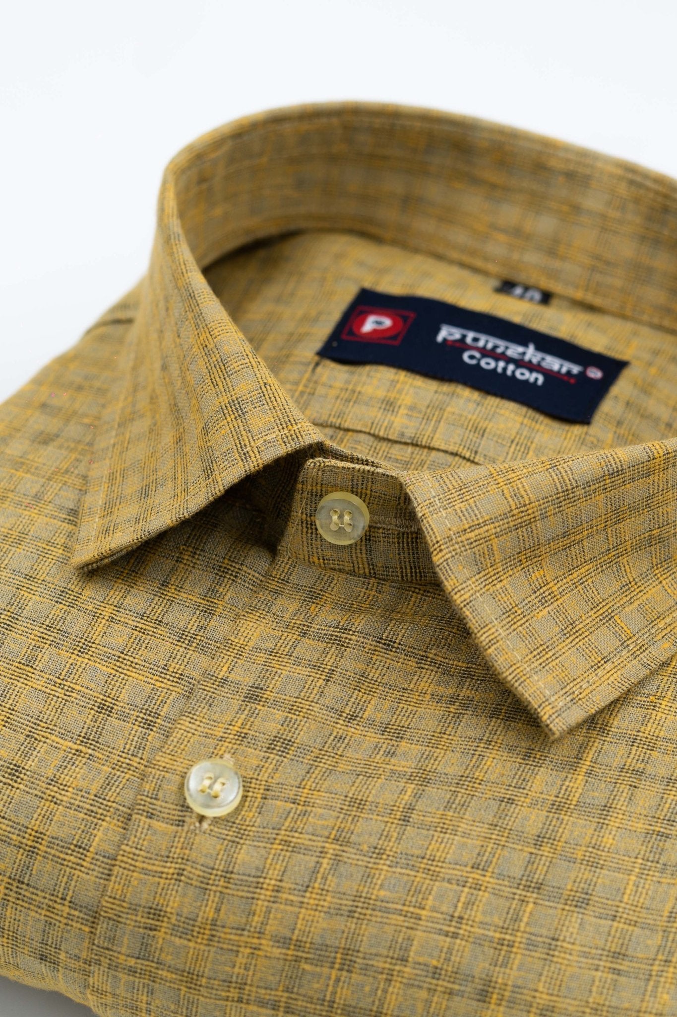 Yellow Color Cotton Self Woven Checks Handmade Shirts For Men&